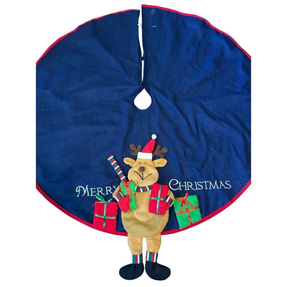 Santa's Best Blue Christmas tree skirt plush‎ reindeer "Merry Christmas"